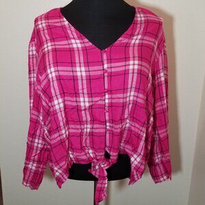Lane Bryant Sz 20 Pink Plaid Button Up Tie Front Top Long Sleeve Cottage Country